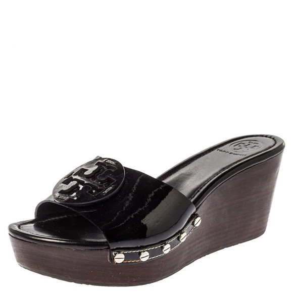 Tory Burch Shoes - Tory Burch Patti Wedge Black Patent 9 Sandals